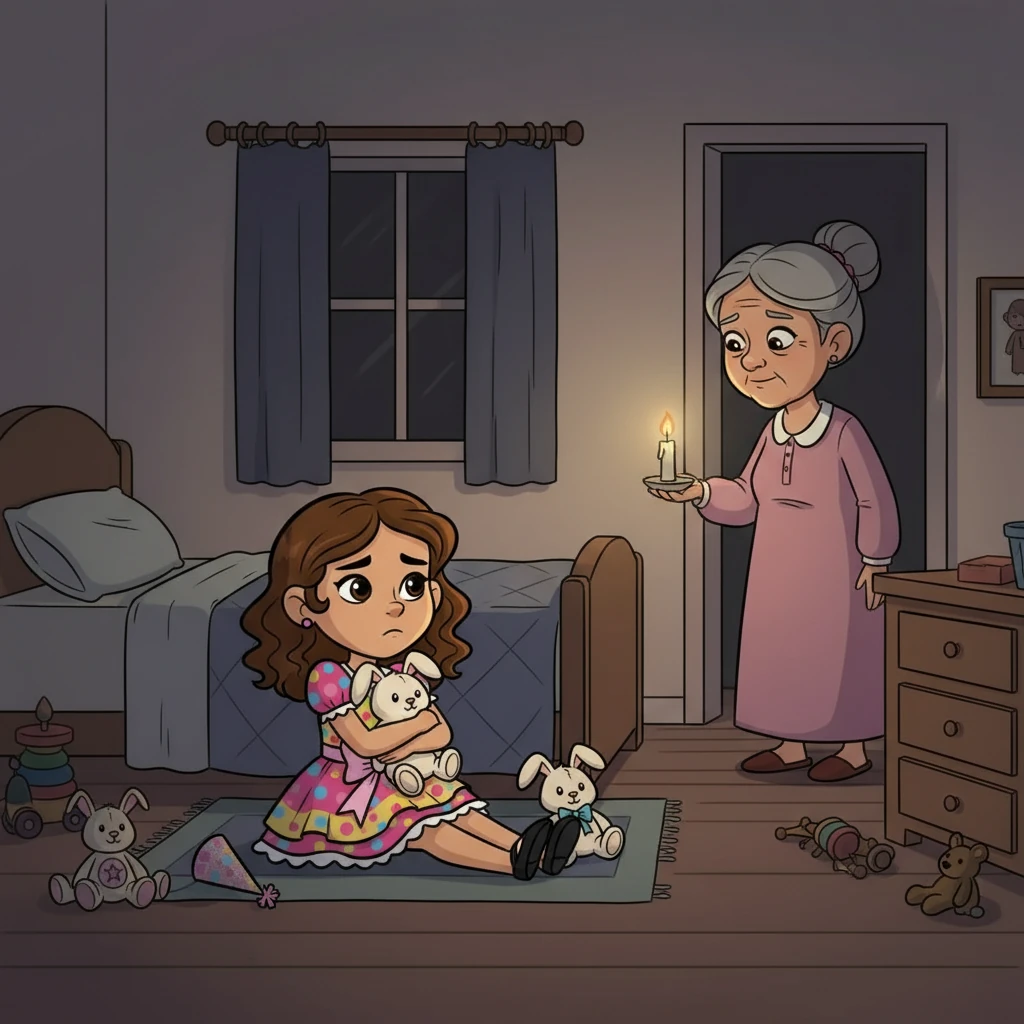 La casa, ahora, se sentía demasiado grande. Sofi se refugió en su habitación, abrazando a Coco, su conejito de peluche. "Tal vez no soy divertida", susurró. "Tal vez no importo". Abuela, con una pequeña vela, apareció en la puerta.