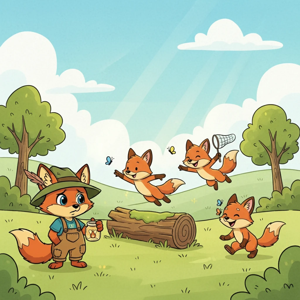 As Flicker explored, he stumbled upon a group of foxes playing games. They were all chasing butterflies and leaping over logs. Flicker watched them for a while, feeling a pang of shyness. He wasn't very good at those games, his tail always got in the way!