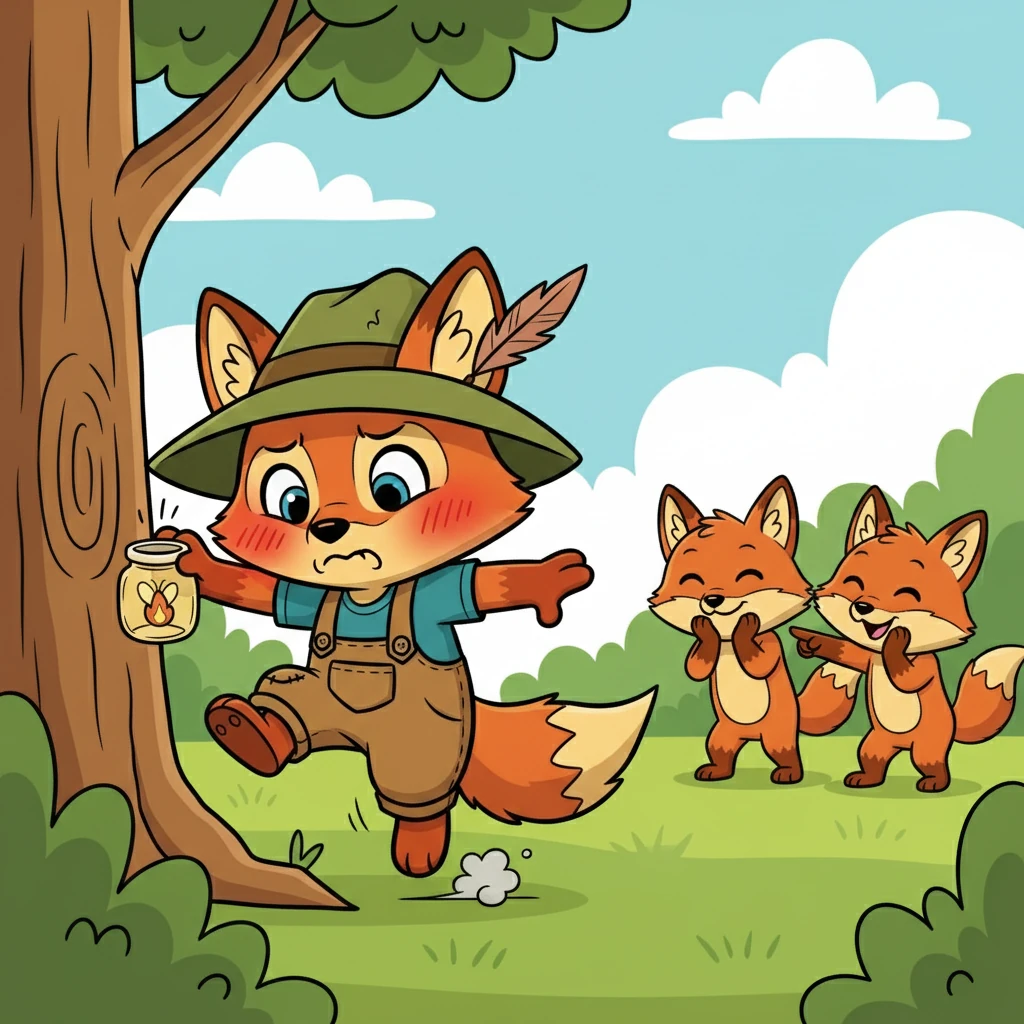 Flicker tried to join in, but he tripped over his own paws and bumped into a tree. The other foxes giggled. Flicker felt his cheeks burn with embarrassment. He wanted to run and hide, but he couldn't help feeling sad.