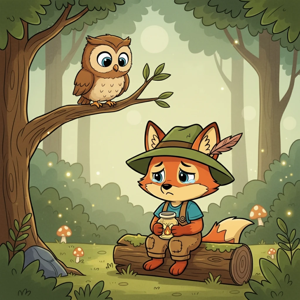 Suddenly, he heard a small voice. "What's wrong?" A little owl with big, curious eyes was perched on a branch above him. Flicker explained his troubles, sharing his feelings of being different and not fitting in.