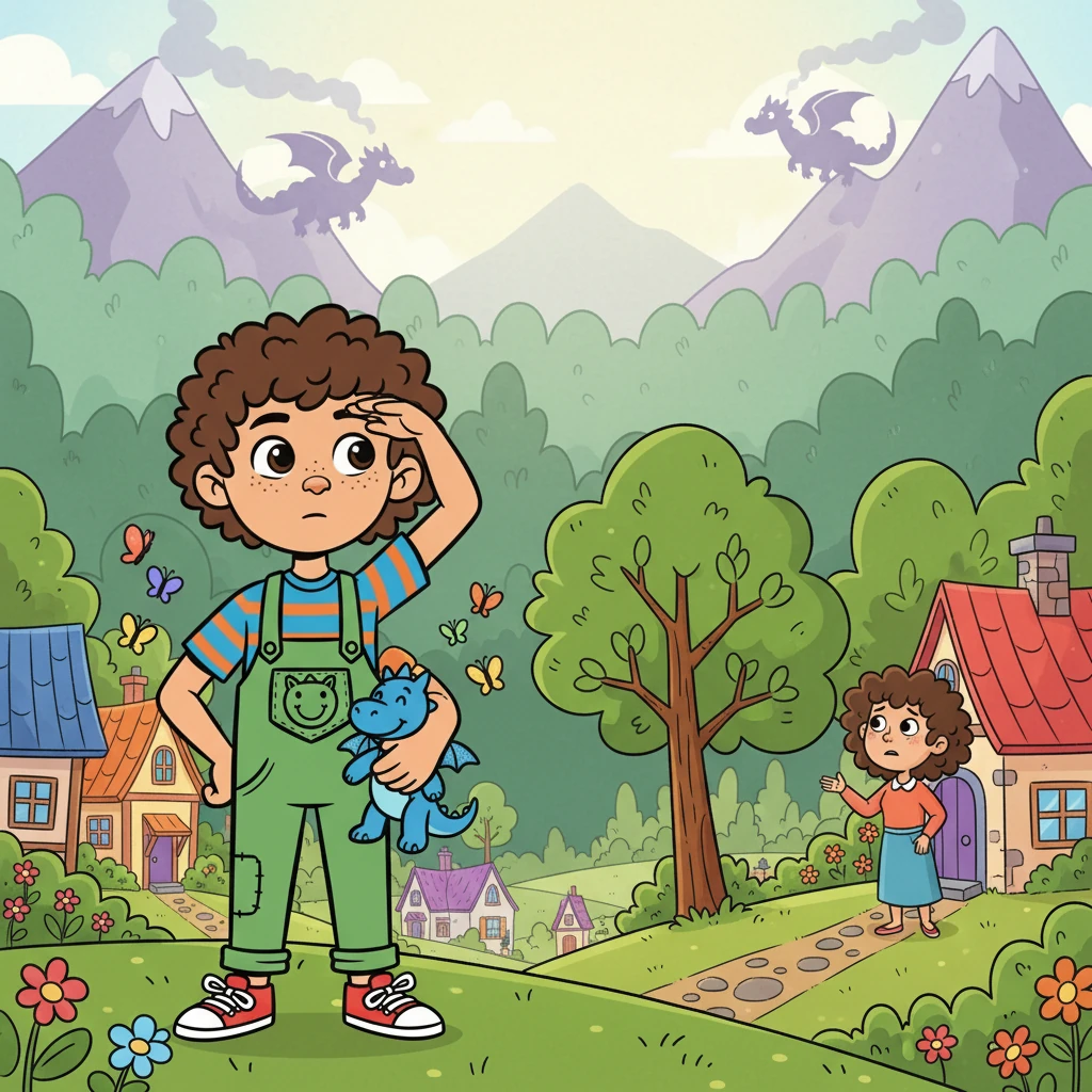 In a cozy village nestled beside a vast green forest lived a boy named Eli, who loved to dream of exploring the unknown. His days were filled with chasing butterflies and climbing the tallest trees, always yearning for adventure. His mother warned him about the forest and the dragons that lived in the mountains, but Eli's curiosity was too strong.