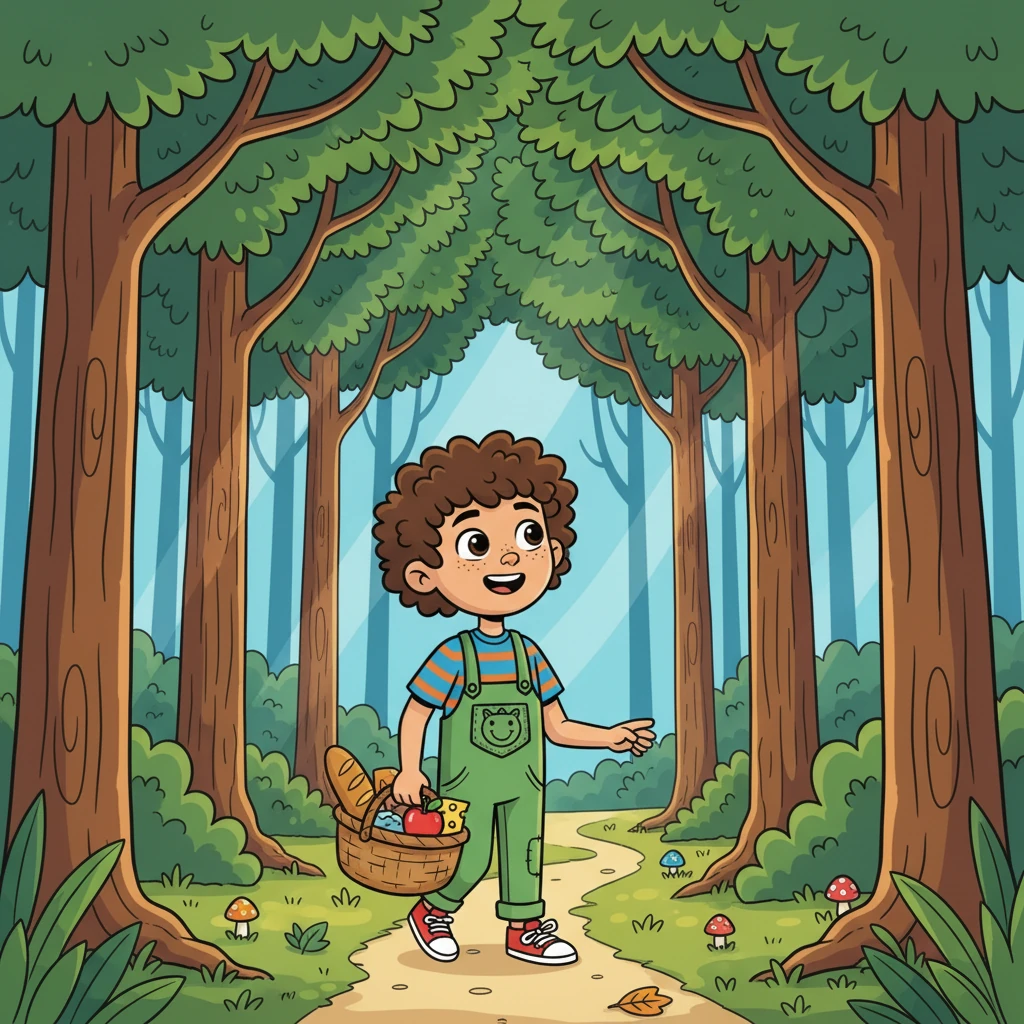 One sunny morning, armed with a basket of bread, cheese, and a bright red apple, Eli ventured into the forest. The trees grew taller, and the air turned cool and crisp as he walked deeper into the woods. Sunlight dappled through the leaves, creating dancing patterns on the forest floor, and he felt a thrill of excitement.