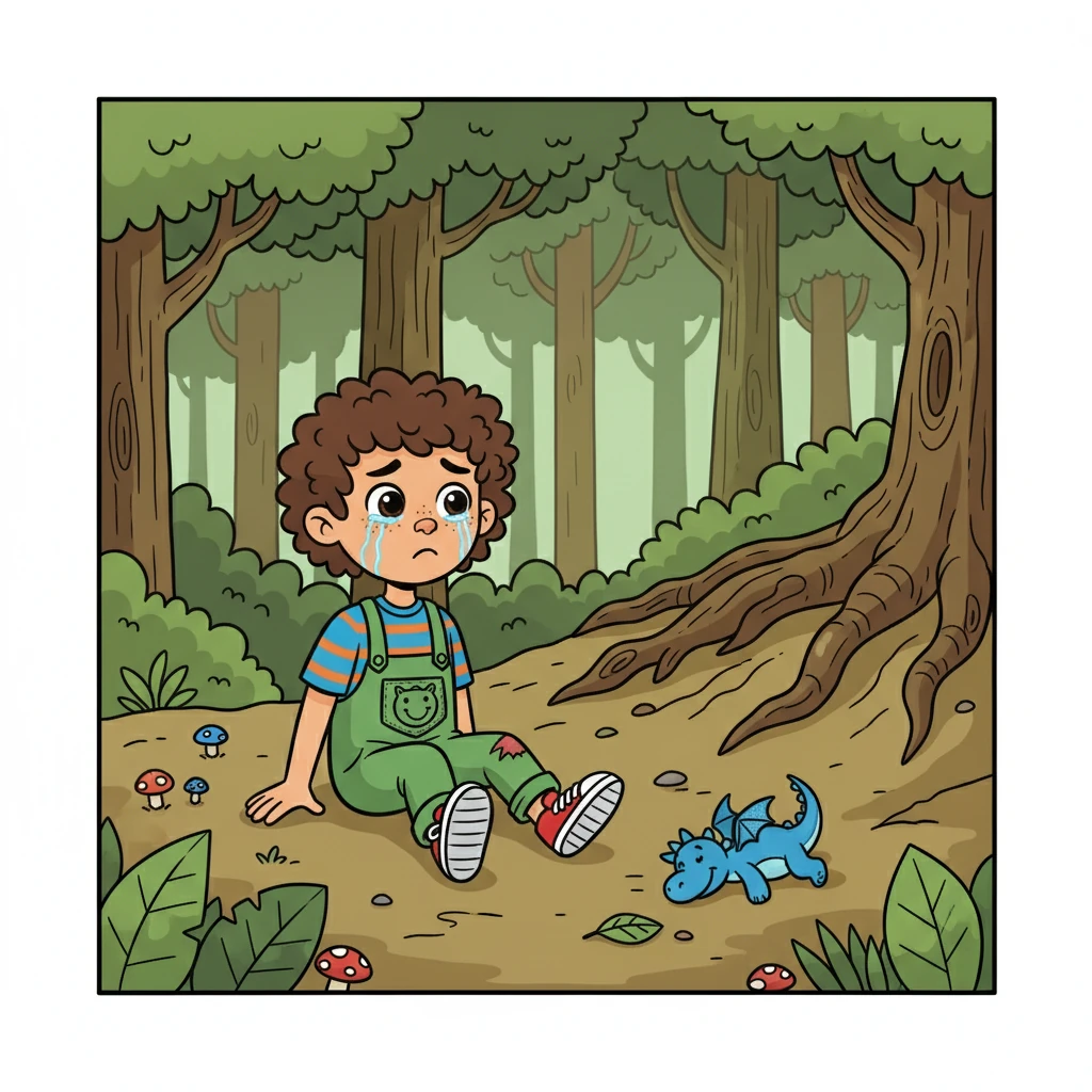 Suddenly, Eli tripped over a gnarled root and tumbled down a small hill, scraping his knee. Tears welled up in his eyes as he sat there, feeling hurt and alone. The forest seemed to hold its breath as he cried, his adventure now a painful reality.