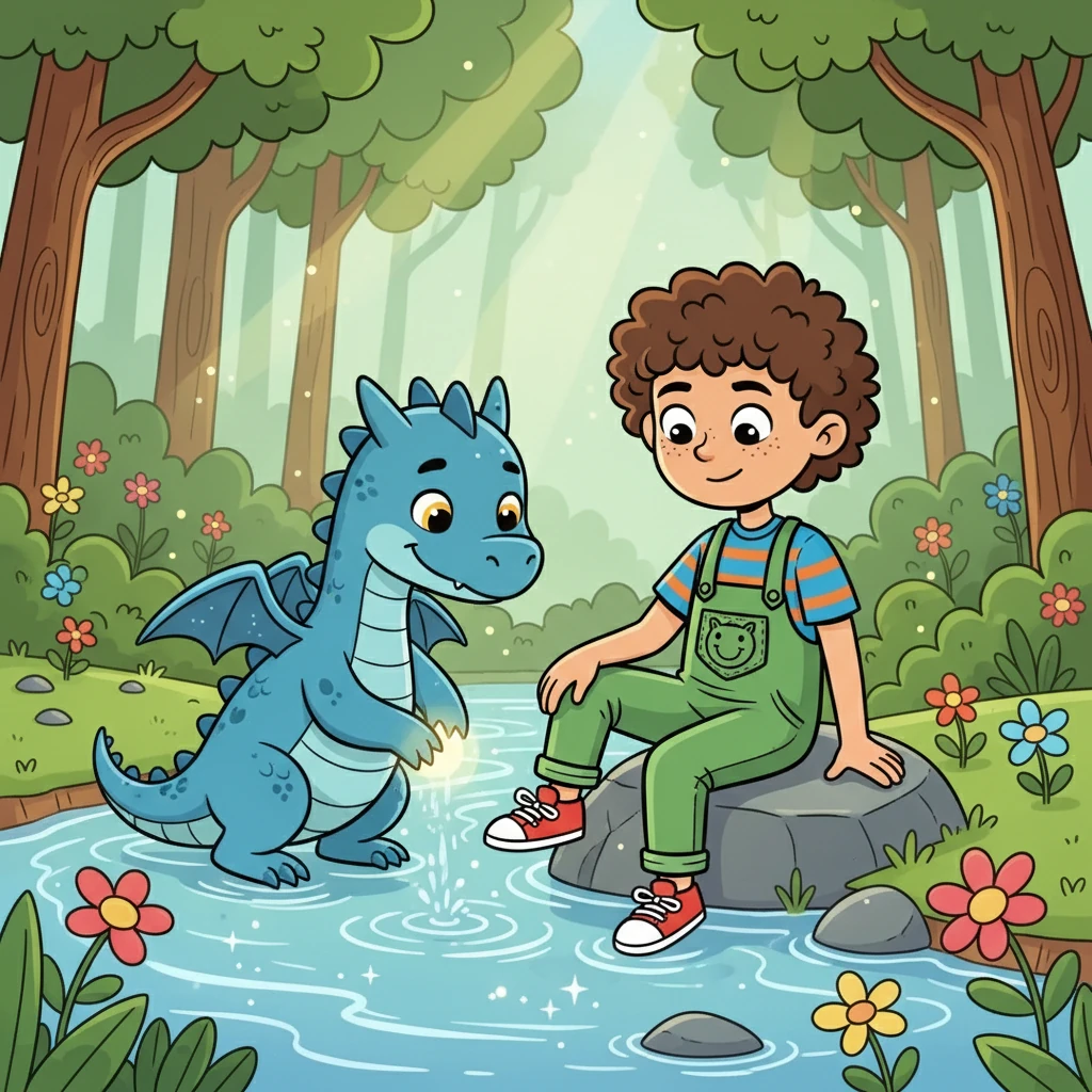 With a gentle purr, the dragon dipped her claw into a nearby stream and touched the cool water to Eli's knee. He smiled, feeling the sting fade away. Eli, surprised, asked the dragon her name.