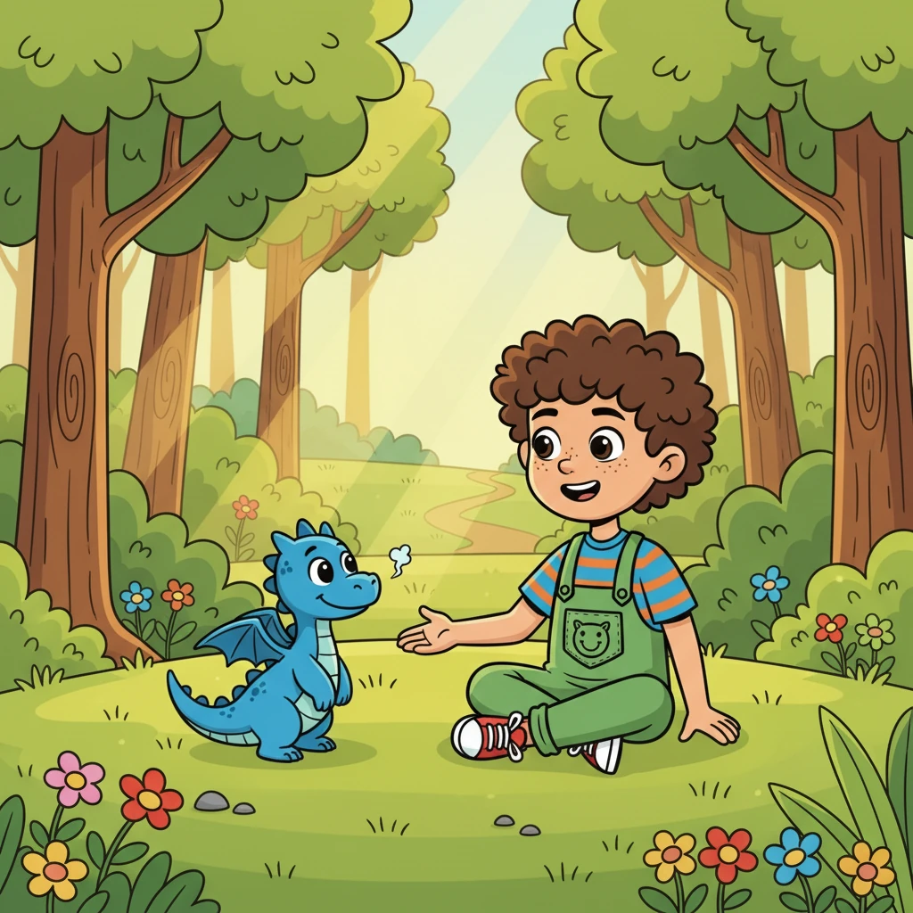The dragon blinked and gave a small huff that sounded like 'Luna.' Eli smiled and introduced himself. From that day on, Eli and Luna became the best of friends, meeting in the forest nearly every afternoon to share stories and secrets.