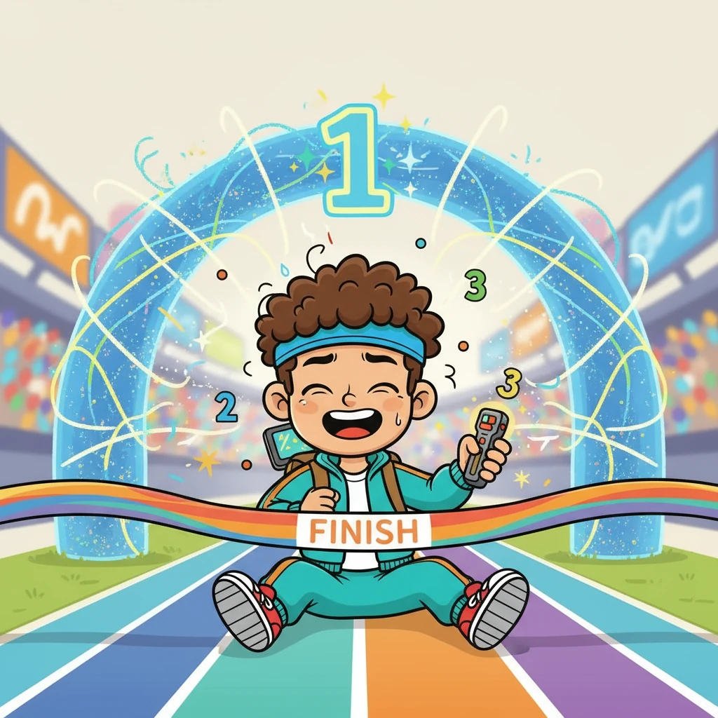 Finally, Alex reached the finish line! The app congratulated them, showing their final ranking and offering AI-powered recommendations for future training. Alex, exhausted but elated, knew this was just the beginning of their digital adventures.