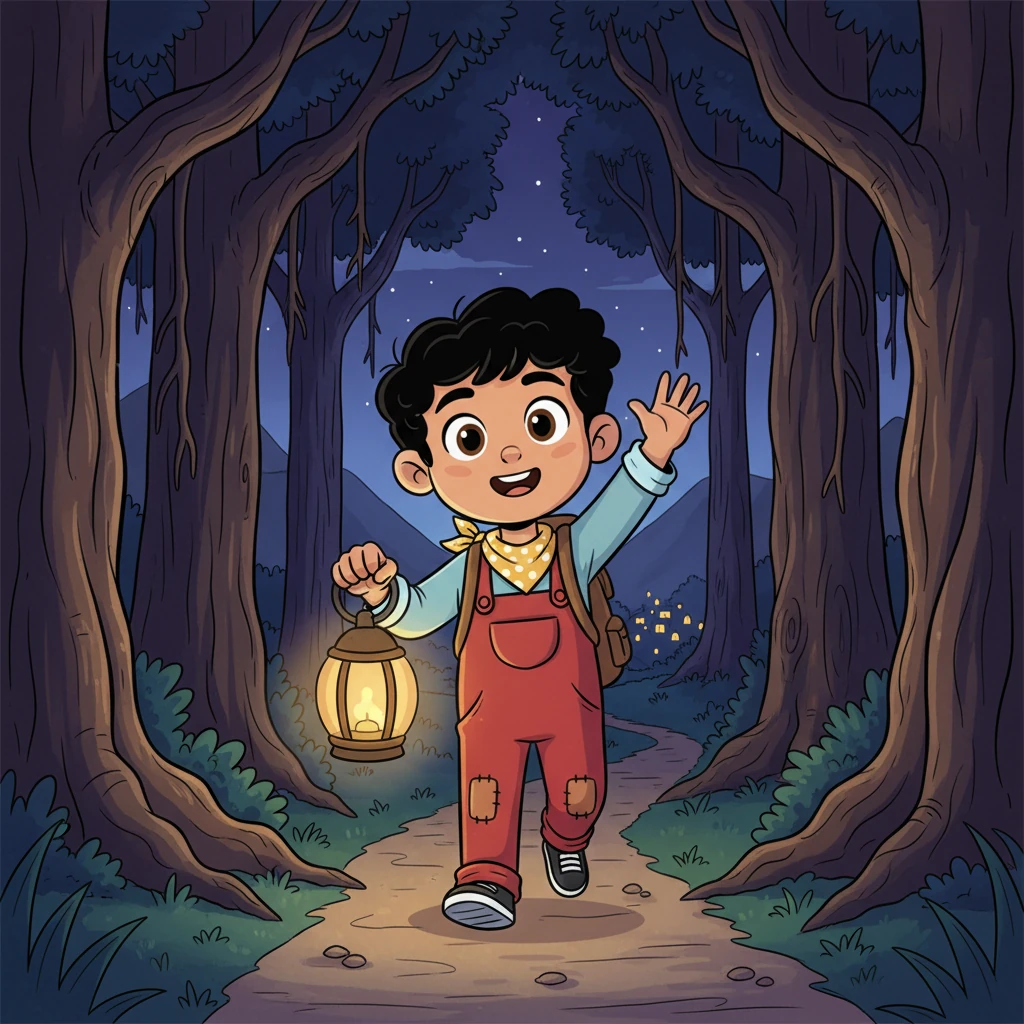 Aarav, a bright-eyed boy with a curious smile, confidently strides into the ancient Banyan forest, a warm glow from his lantern chasing shadows. He waves goodbye to the distant twinkling lights of his village, ready to prove that not all old tales are true. His backpack bounces with youthful energy, ready for any adventure.