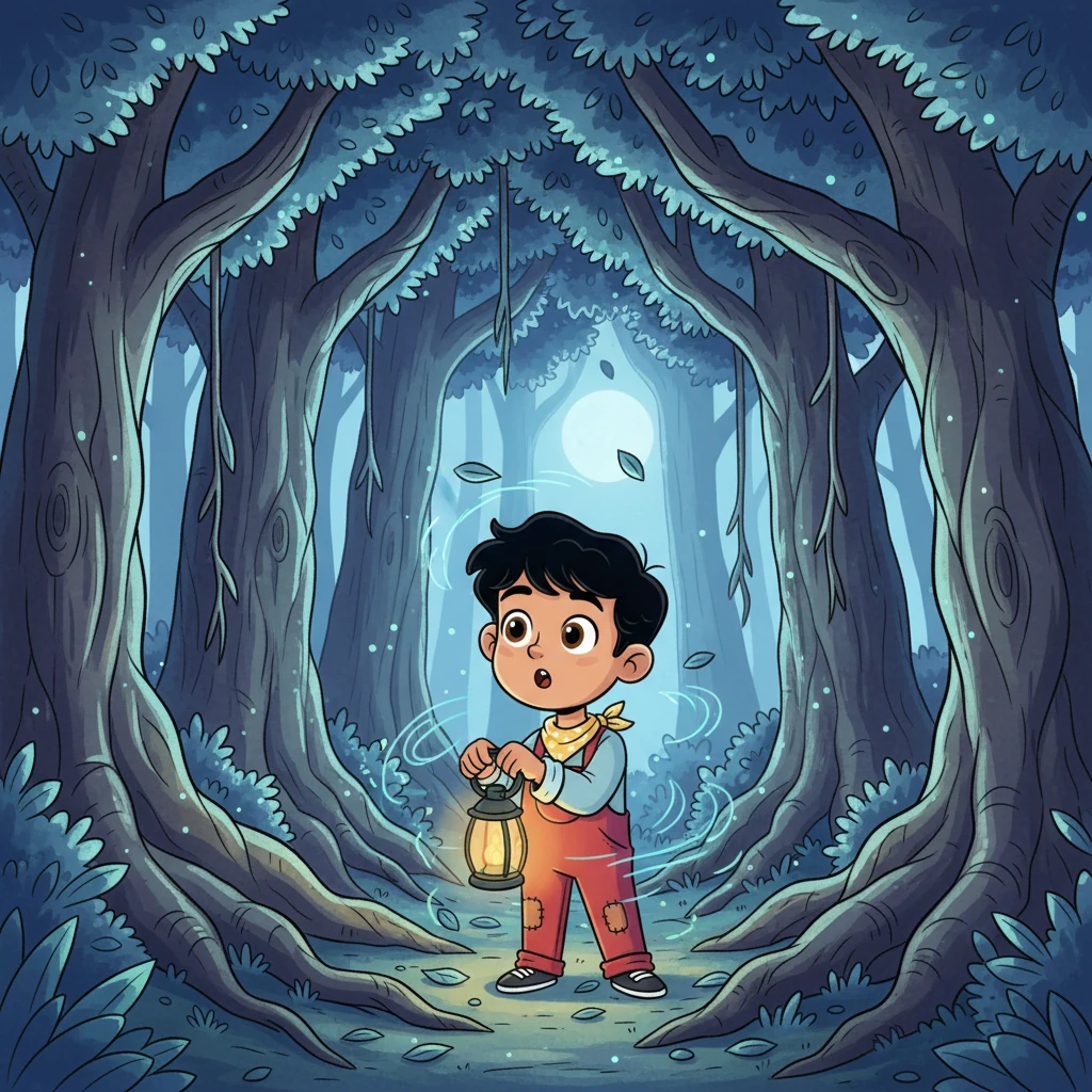 Deeper in the forest, giant Banyan trees with intertwining roots loom all around Aarav, their leaves shimmering strangely in the cool, moonlit air. A peculiar chill runs down his spine, and he notices leaves rustling gently even though there's no wind. He tightens his grip on the lantern, a flicker of wonder in his eyes.