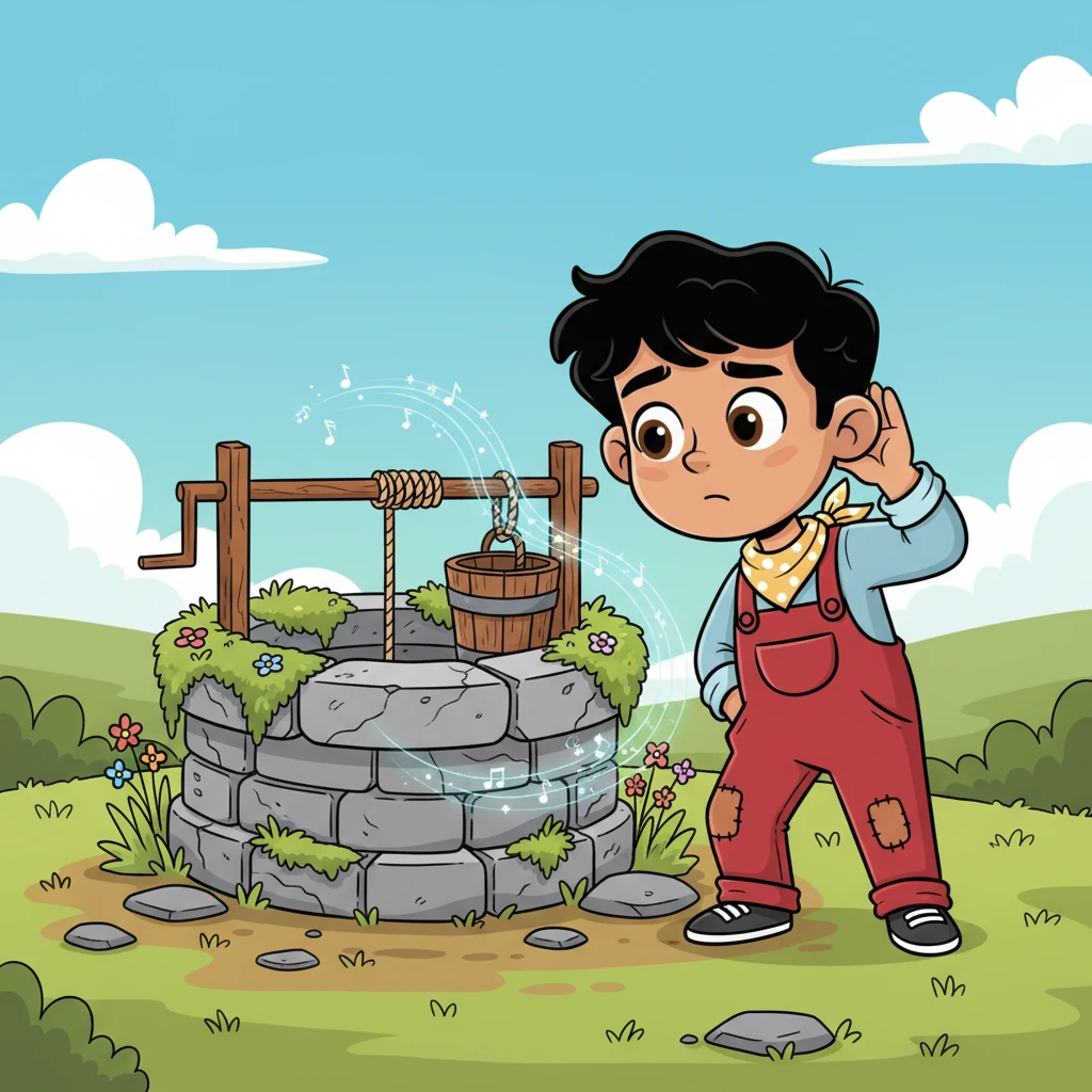 Aarav finally reaches the old, crumbling well, its stone edges covered in moss. As he cautiously steps closer, a faint, rhythmic tinkle of anklets floats through the air, making his heart thump a little faster. He pauses, listening intently, his brave smile wavering just a tiny bit.