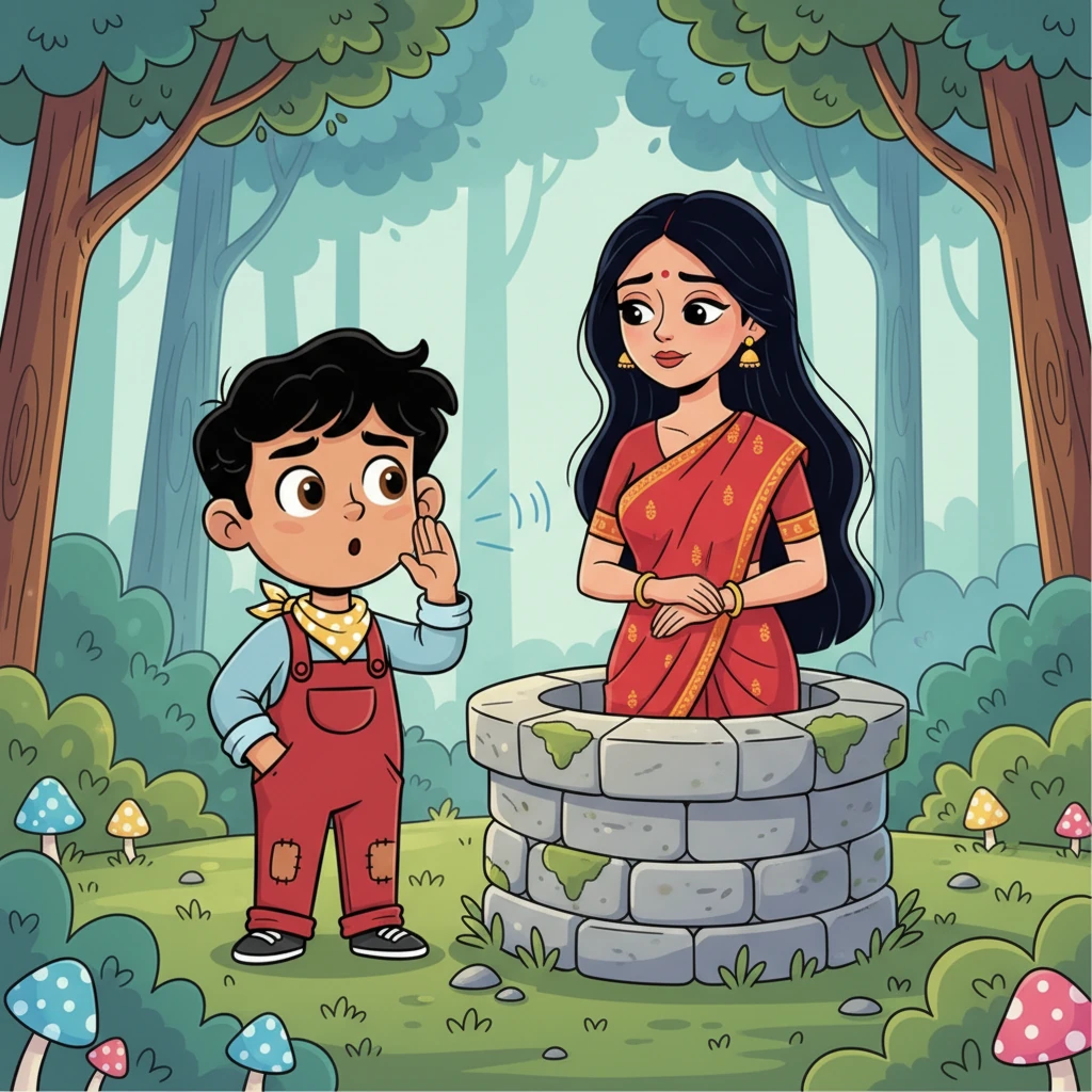 "Hello?" Aarav calls out, his voice echoing softly among the trees. From behind the well, a graceful woman appears, her long, dark hair flowing around her vibrant red sari. She stands with her eyes gently downcast, a serene yet slightly melancholic expression on her face.