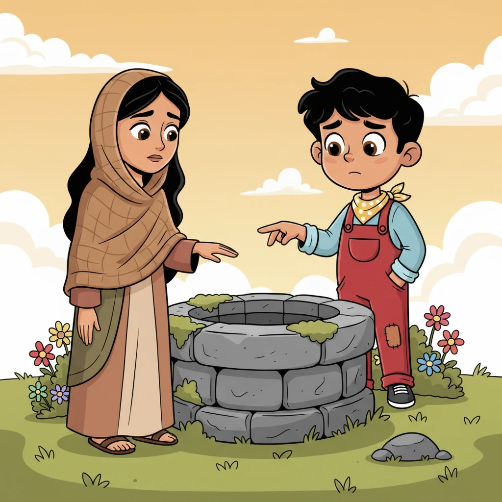 The woman slowly raises a delicate hand, gesturing towards the bottom of the well, her eyes still not meeting Aarav's. Her silent plea is clear, a subtle sadness emanating from her as if something precious is missing. Aarav feels a pang of sympathy, understanding she needs help.