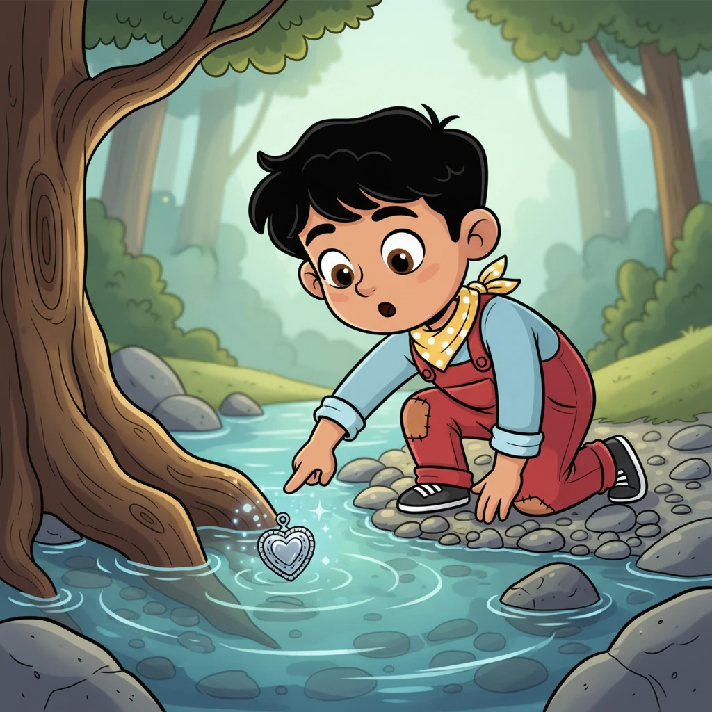 Peering down, Aarav spots a tiny, shimmering object caught on a submerged root, sparkling faintly in the dim light. It looks like a beautiful, intricately designed silver locket. He realizes the woman isn't a ghost, but simply someone in distress.