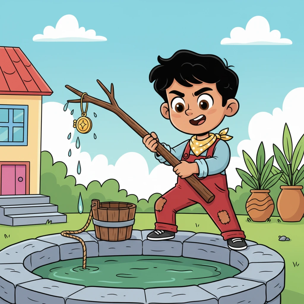 With a clever idea, Aarav takes a sturdy branch and carefully maneuvers it into the well, hooking the delicate locket. He slowly pulls it up, his face concentrated and triumphant as he retrieves the sparkling treasure from the murky water.