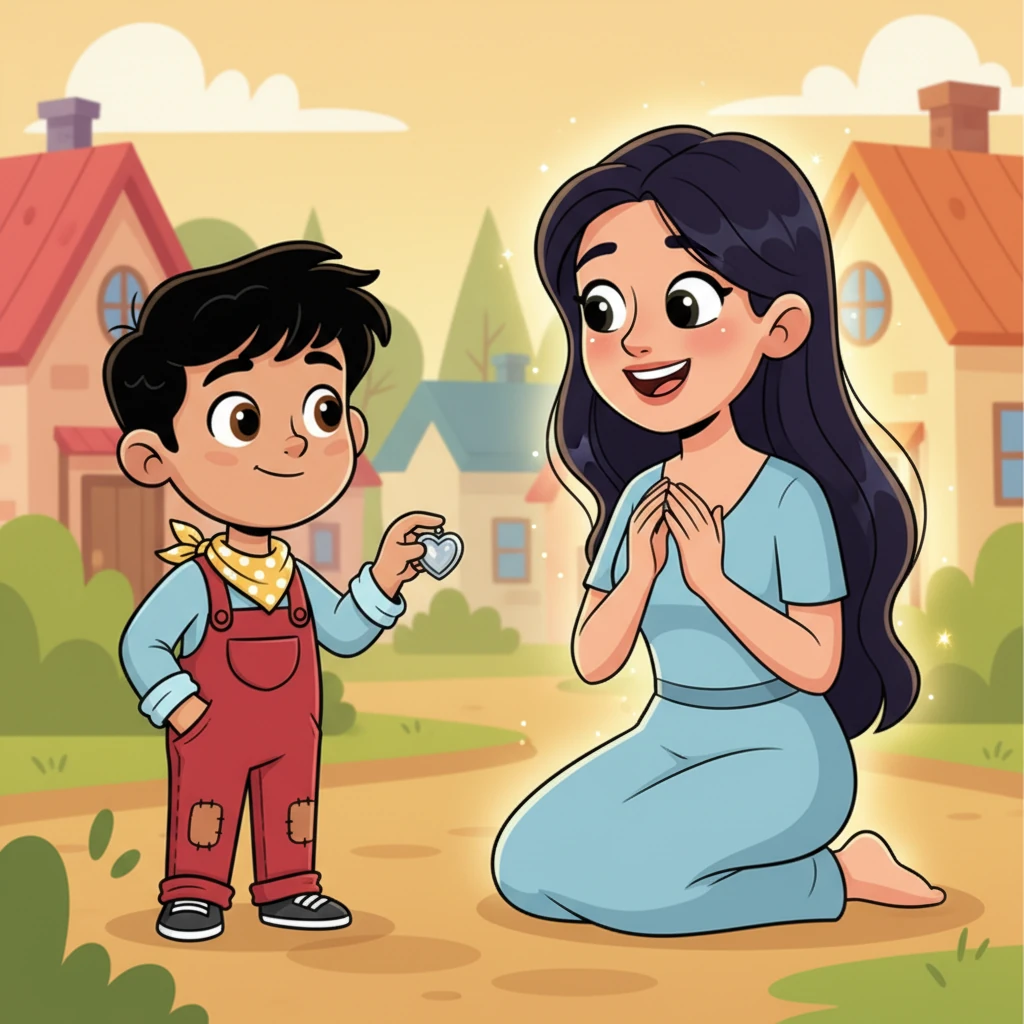 Aarav gently presents the gleaming silver locket to the woman. Her downcast eyes finally lift, revealing a pair of warm, grateful eyes that sparkle with joy. A soft, ethereal glow briefly surrounds her as a radiant smile lights up her face, transforming her entire demeanor.