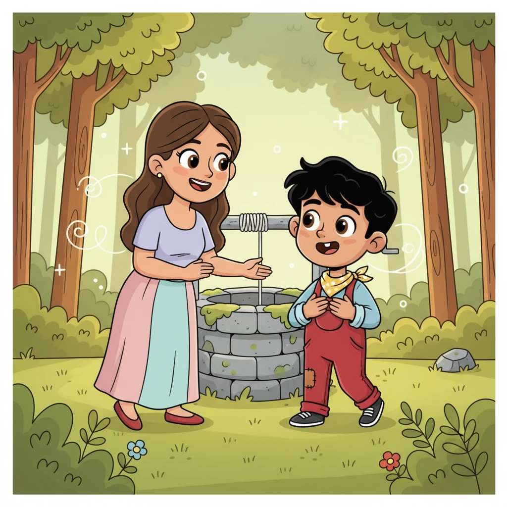 The woman, no longer sad, offers Aarav a genuine, heartwarming smile, her eyes full of thanks. Aarav grins back, feeling a warmth spread through him that banishes all the forest's chill and old fears. He leaves the well, knowing that true courage is found in kindness, and wonders can be real, even without ghosts.