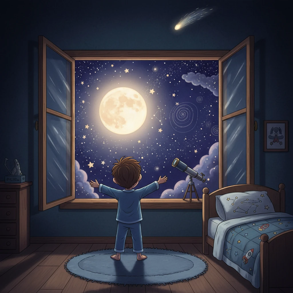 Leo, un niño con una gran imaginación, se encontraba mirando el cielo estrellado desde su ventana. La luna brillaba intensamente, y las estrellas parecían invitarlo a un viaje. Decidió que esa noche, exploraría los secretos del universo.