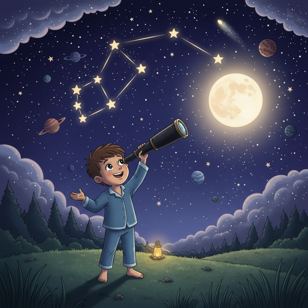 Con un telescopio en mano, Leo comenzó su búsqueda de constelaciones. Primero, identificó a la Osa Mayor, una gran cuchara en el cielo. Sintió una gran alegría al reconocerla y se preparó para descubrir más.