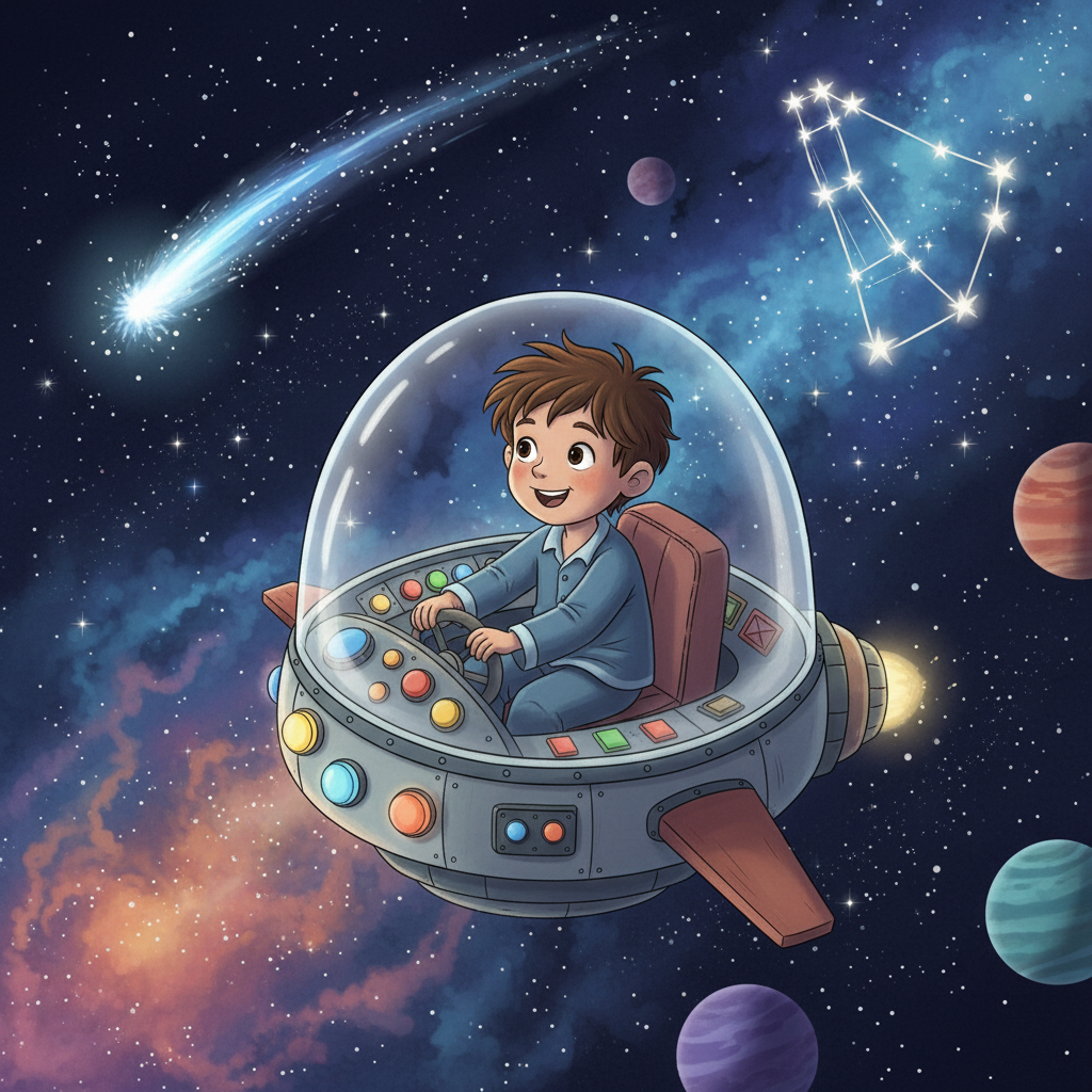 De repente, una estrella fugaz brilló y, en un instante, Leo se encontró flotando en el espacio. Estaba sentado en una nave espacial, listo para comenzar su aventura por las constelaciones, con la Osa Mayor como su guía.