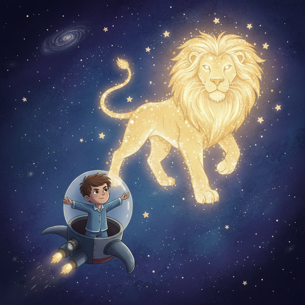 Luego, Leo y su nave se dirigieron hacia Leo, el león valiente, una constelación que brillaba con orgullo. Leo se sintió valiente también, listo para cualquier desafío cósmico que se presentara.