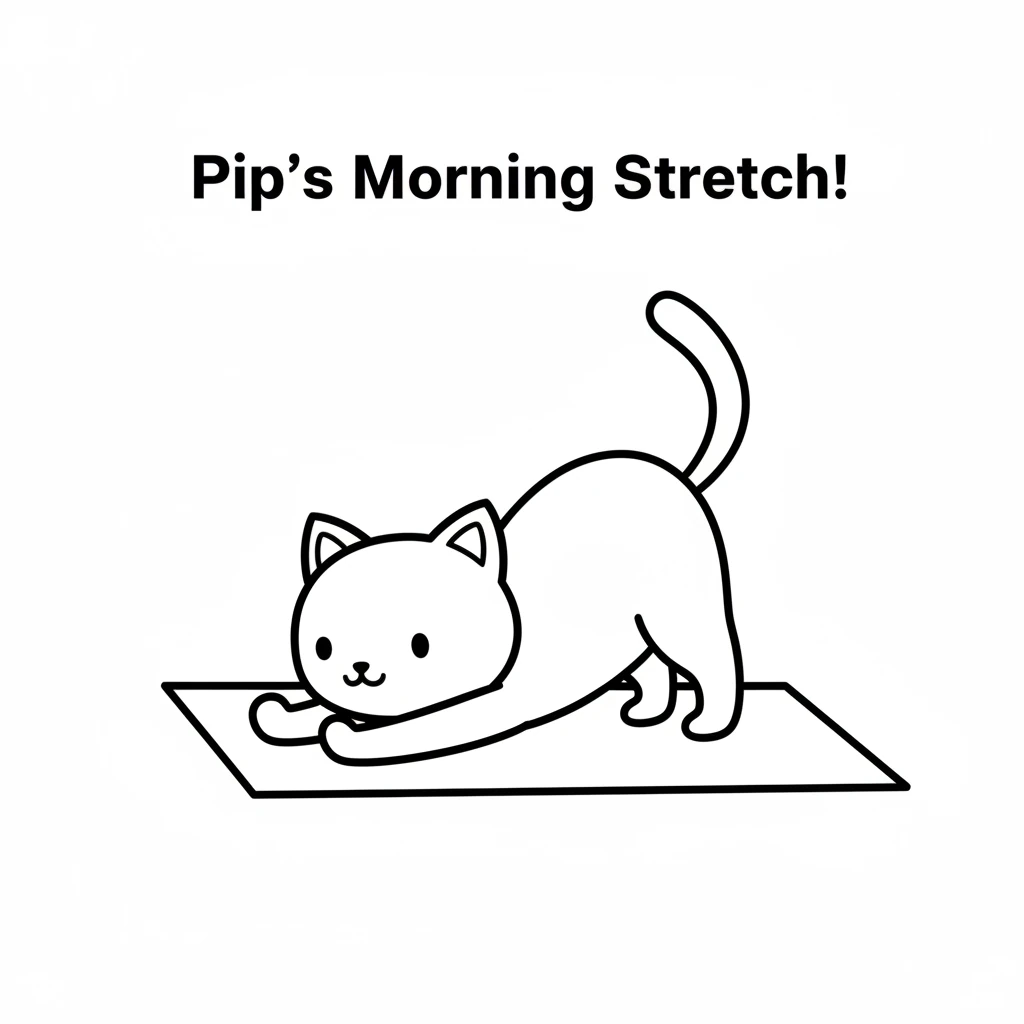 Pip, a small round kitten, stretches wide on a simple mat. Its front paws are extended, and its back is arched in a happy morning stretch. A tiny, ple