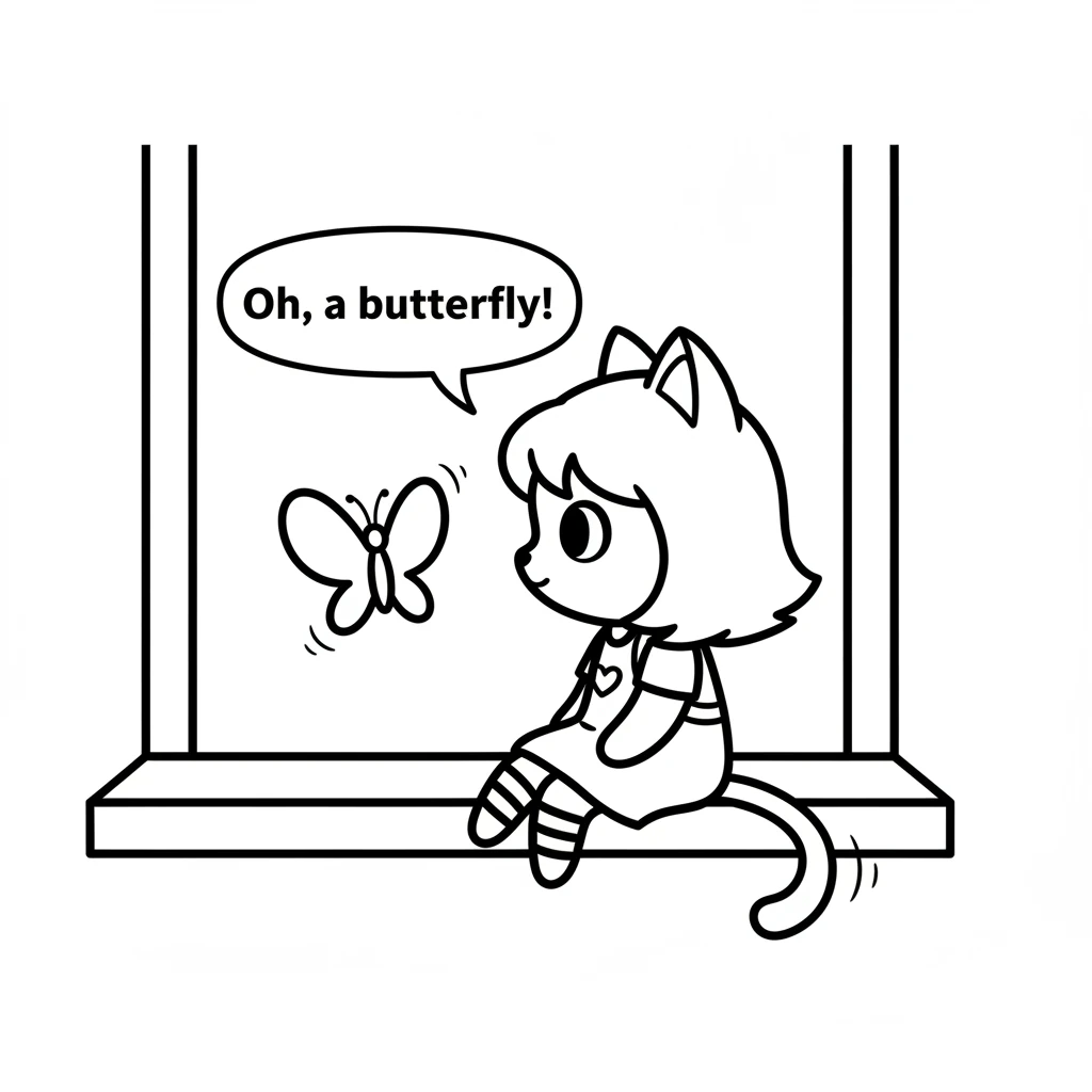 Pip sits by a window, looking out with wide, curious eyes. A beautiful butterfly with big, simple wings flutters just outside. Pip's tail wags softly,