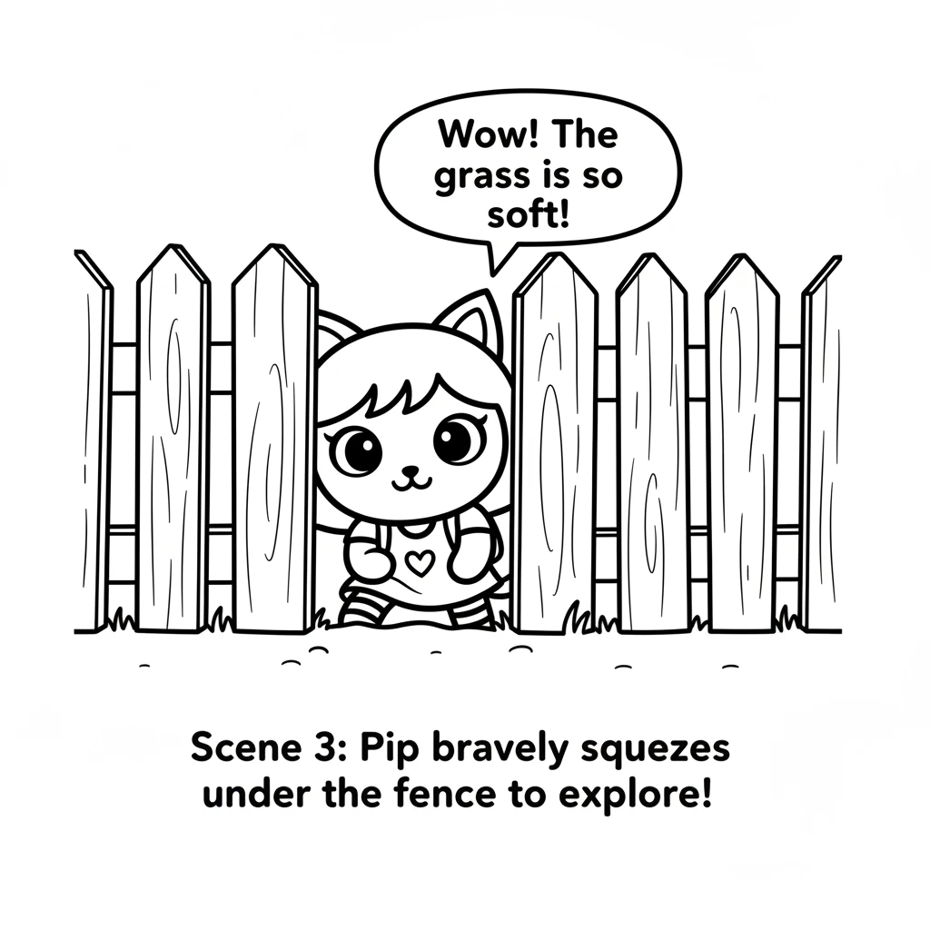 Pip bravely squeezes under a garden fence. One round paw is already on the grass, and its body is halfway through the gap. Its eyes are full of wonder