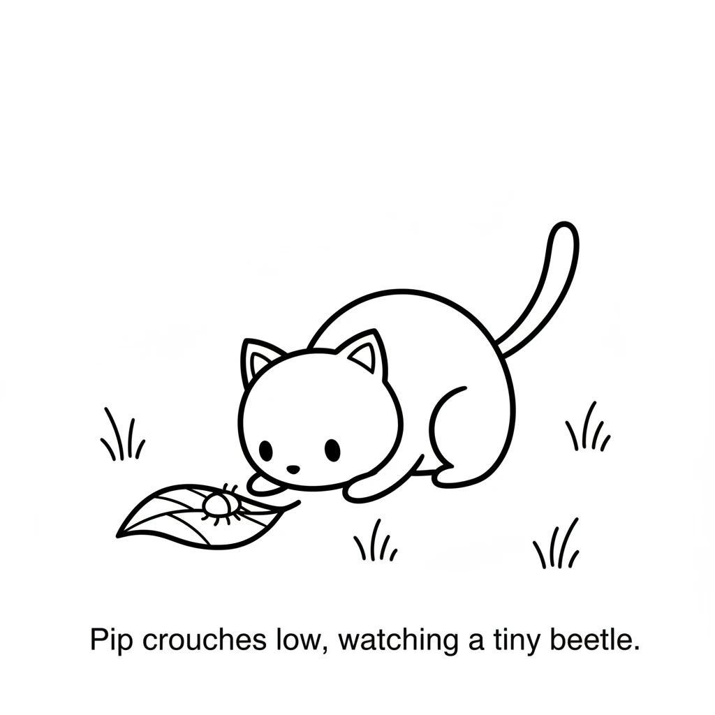 Pip crouches low in the grass, nose twitching as it watches a tiny, shiny beetle. The beetle slowly crawls across a leaf. Pip's tail is still, ready f