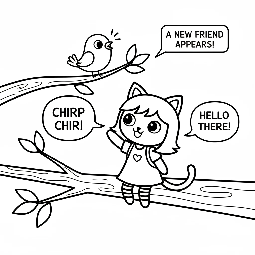 Perched on a branch above Pip is a small, chirping bird. The bird looks down at Pip with a friendly gaze. Pip looks up, happy to have a new friend. (I