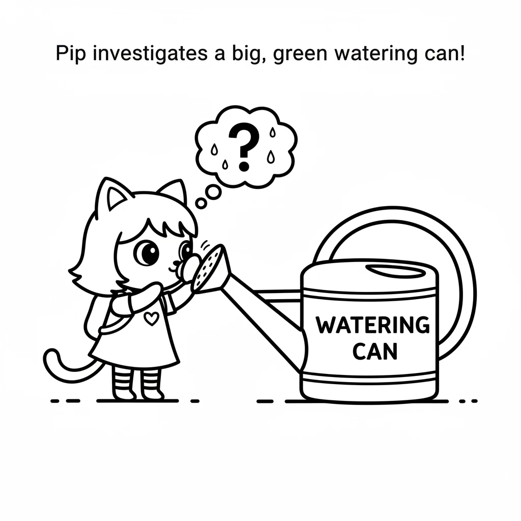 On the ground, Pip investigates a big, green watering can. It sniffs the spout and peeks inside, wondering about the water. The can is much bigger tha