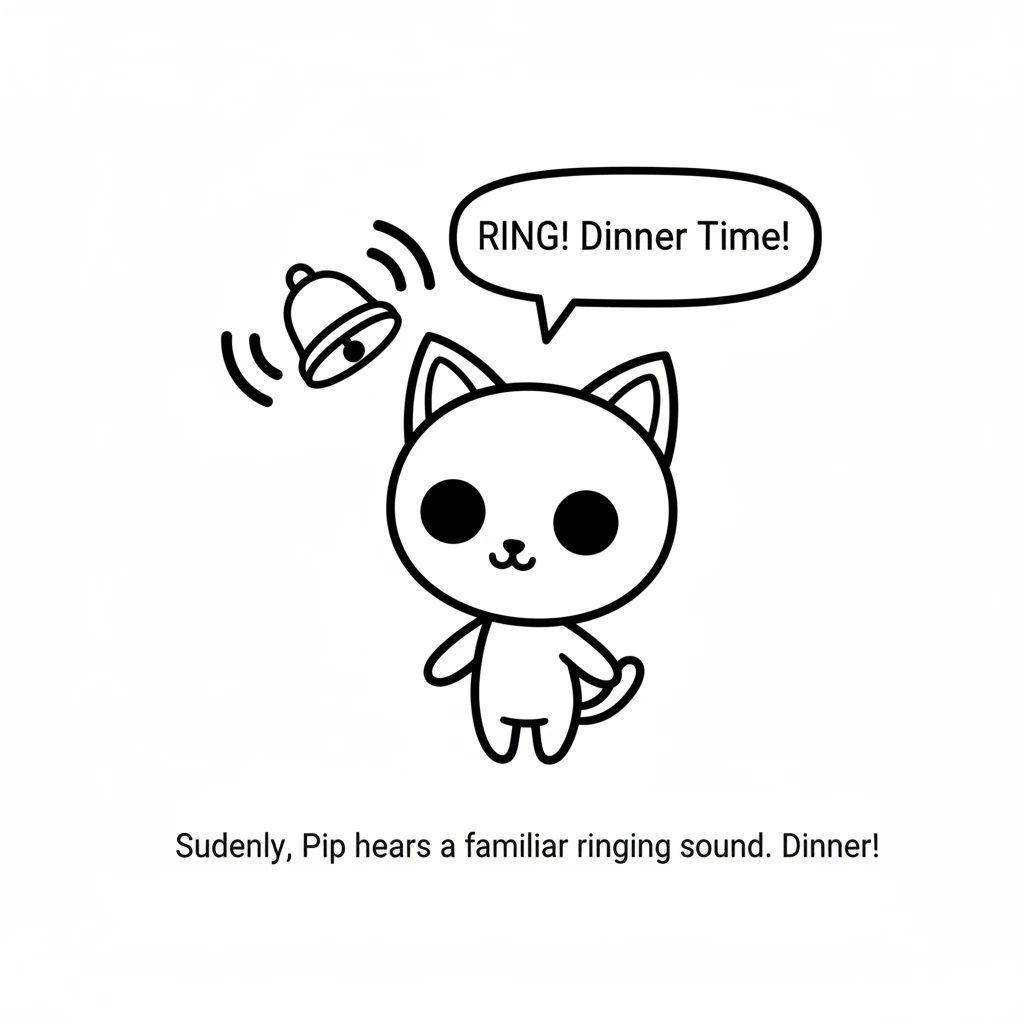 Suddenly, Pip hears a gentle, familiar ringing sound. It's the sound of a little bell, calling for dinner. Pip's ears perk up, and its eyes get wide.