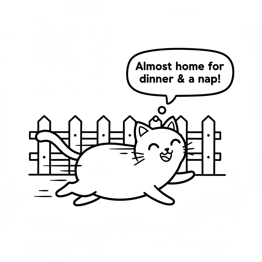 Pip races back towards the fence, a blur of happy fur. Its adventure was fun, but now it's time for a warm meal and a cozy nap. The fence seems much c