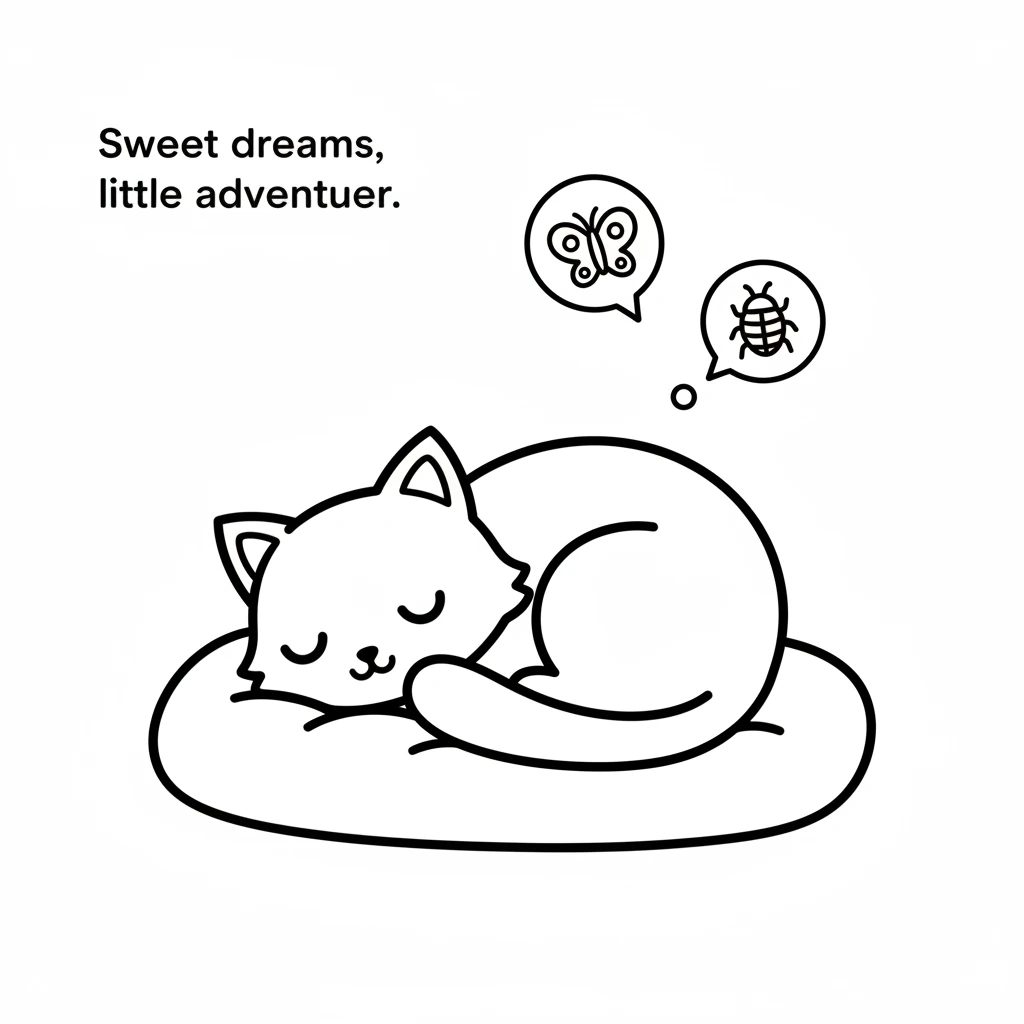 Curled up on its soft mat, Pip is fast asleep, dreaming sweet dreams of butterflies and beetles. A gentle smile plays on its lips. It was a perfect da