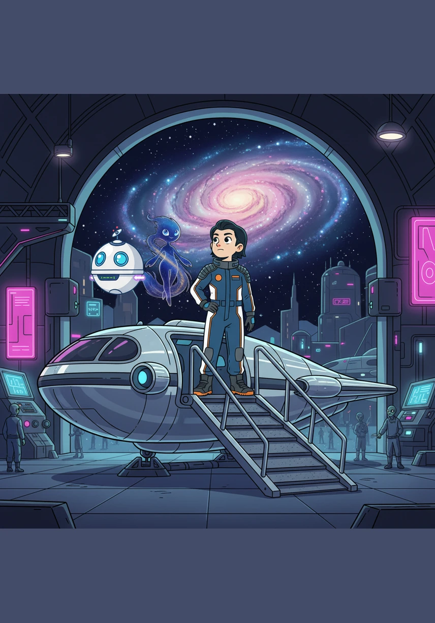The Star-Skipper sat proudly at Docking Bay 7, its chrome hull reflecting the neon pink and electric blue lights of the bustling space-port. Astra stood on the ramp, her small boots clicking against the metal as she looked up at the vast, swirling galaxy waiting for her. This was the moment she had trained for, her very first solo flight into the great unknown.