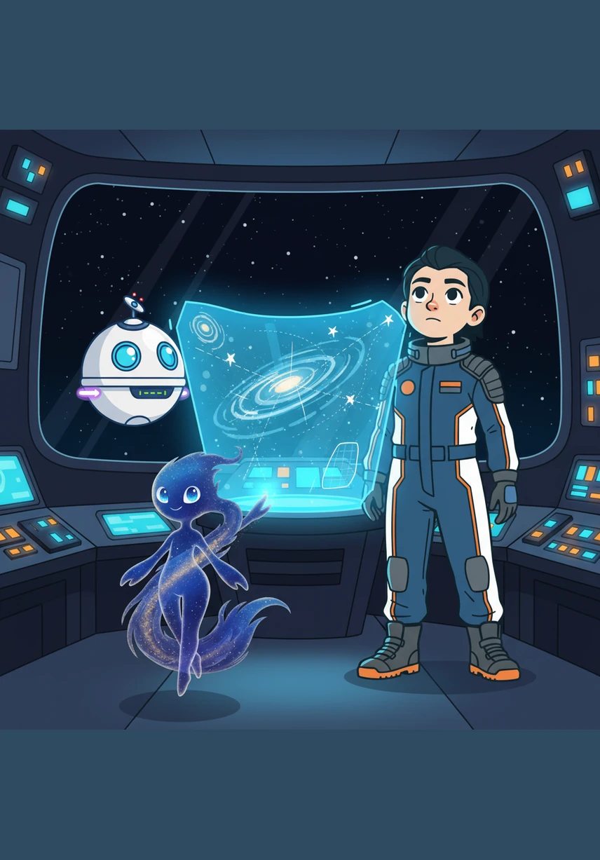 "The probability of a successful docking at the Planet of Clatter is currently sixty-four point eight percent," chirped P-34, hovering nervously by the navigation screen. The round, floating robot’s lights flickered from blue to a worried yellow as he scanned the safety protocols. He was obsessed with efficiency, but Astra knew his gears were just grinding with pre-flight jitters.