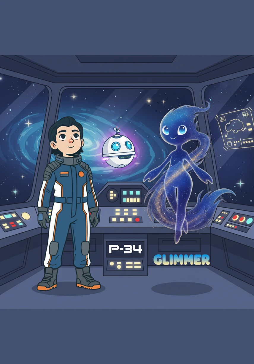 While P-34 panicked, Glimmer was busy turning the co-pilot’s seat into a shimmering trampoline. The creature of stardust shifted from a translucent puppy to a floating cloud, leaving trails of glowing glitter in the air. "Don't be a grumpy-bolt, P-34," Glimmer giggled, her voice sounding like wind chimes. "Can't you feel the heart-glow of the adventure?"