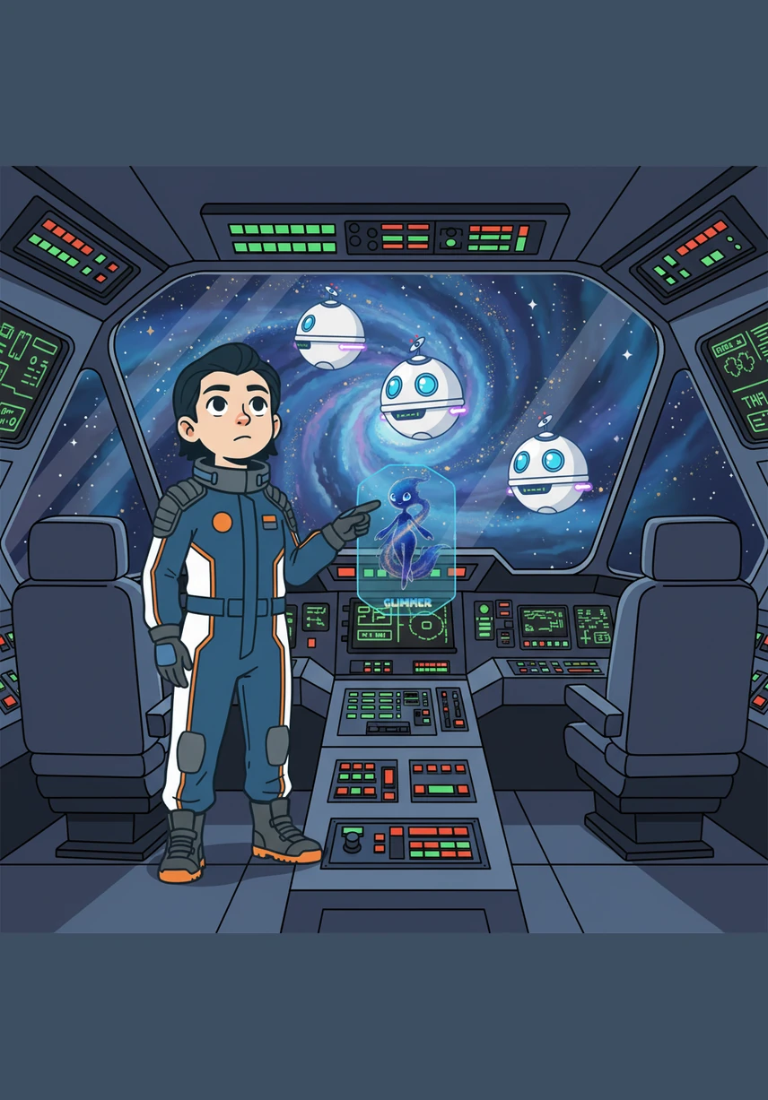 "Trajectory locked and oscillating frequencies stabilized," Astra announced, trying to sound much braver than she felt. She flipped the main ignition switch, and the cockpit lights dimmed as power surged through the Star-Skipper’s veins. P-34 beeped a frantic warning about fuel consumption, but Glimmer just blew a handful of stardust-dreams toward the viewscreen.