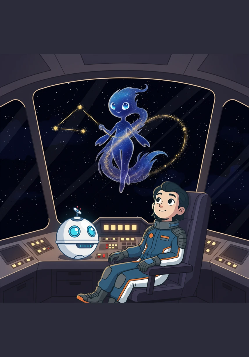 "We are now traveling at optimal cruising speed," P-34 reported, finally settling into a calm blue glow. Glimmer was floating near the ceiling, weaving stardust into the shape of a constellation that looked like a dancing dragon. The ship felt cozy and safe, a tiny bubble of light and friendship moving through the infinite dark.