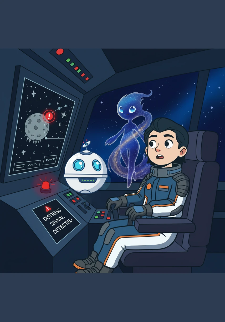 Suddenly, a sharp, rhythmic beeping cut through the peaceful silence of the cockpit, and a red light began to pulse on the dashboard. A distress signal was flickering onto the screen, coming from a jagged, lonely moon just off their path. Astra’s eyes widened as she realized her first mission was about to become much more complicated than a simple delivery.