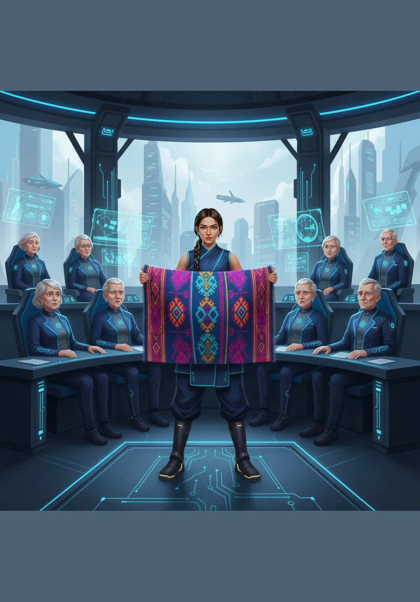 Taking a deep breath, Elara walked into the center of the Great Council, her vibrant tapestry draped over her arms like a shield. The sudden silence was heavy with disapproval, but her eyes remained steady as she unfolded her work before the startled elders.