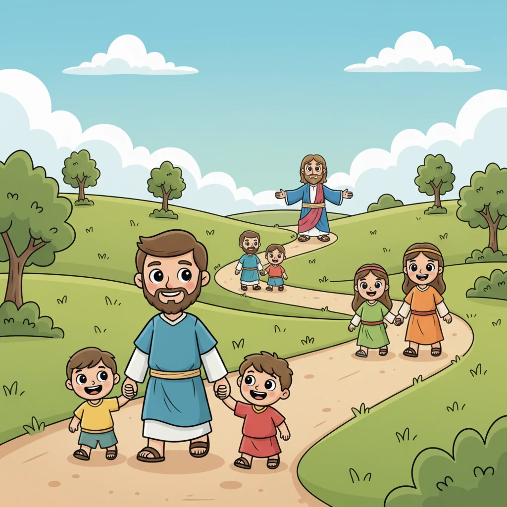 A sunny path winds through rolling green hills, where families are joyfully walking. Parents, with big smiles, hold the hands of their little ones, whose eyes sparkle with excitement as they head towards a gentle figure in the distance.