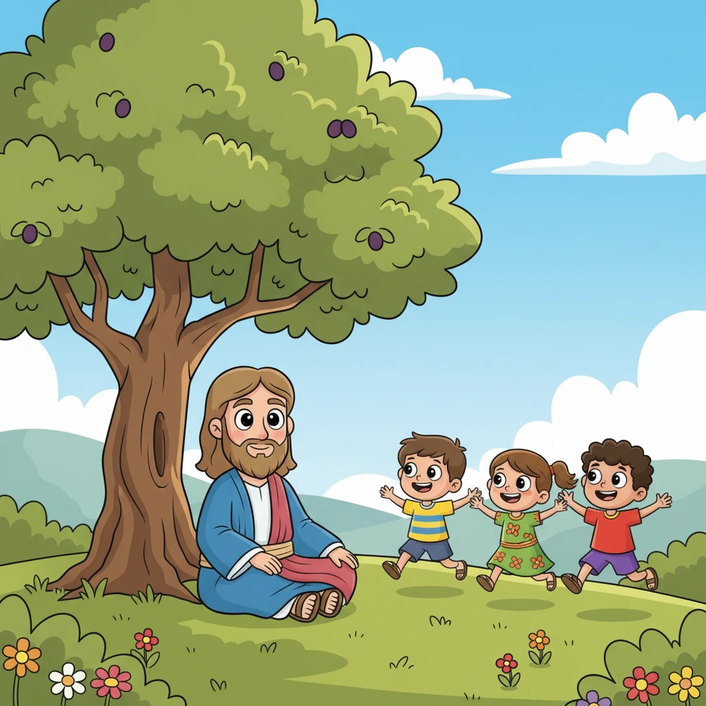 Jesus sits under a vibrant olive tree, radiating warmth and kindness. His face is serene and welcoming, his hands resting gently on his lap, ready to greet the eager children who are now skipping closer, their colorful clothes bright against the green landscape.