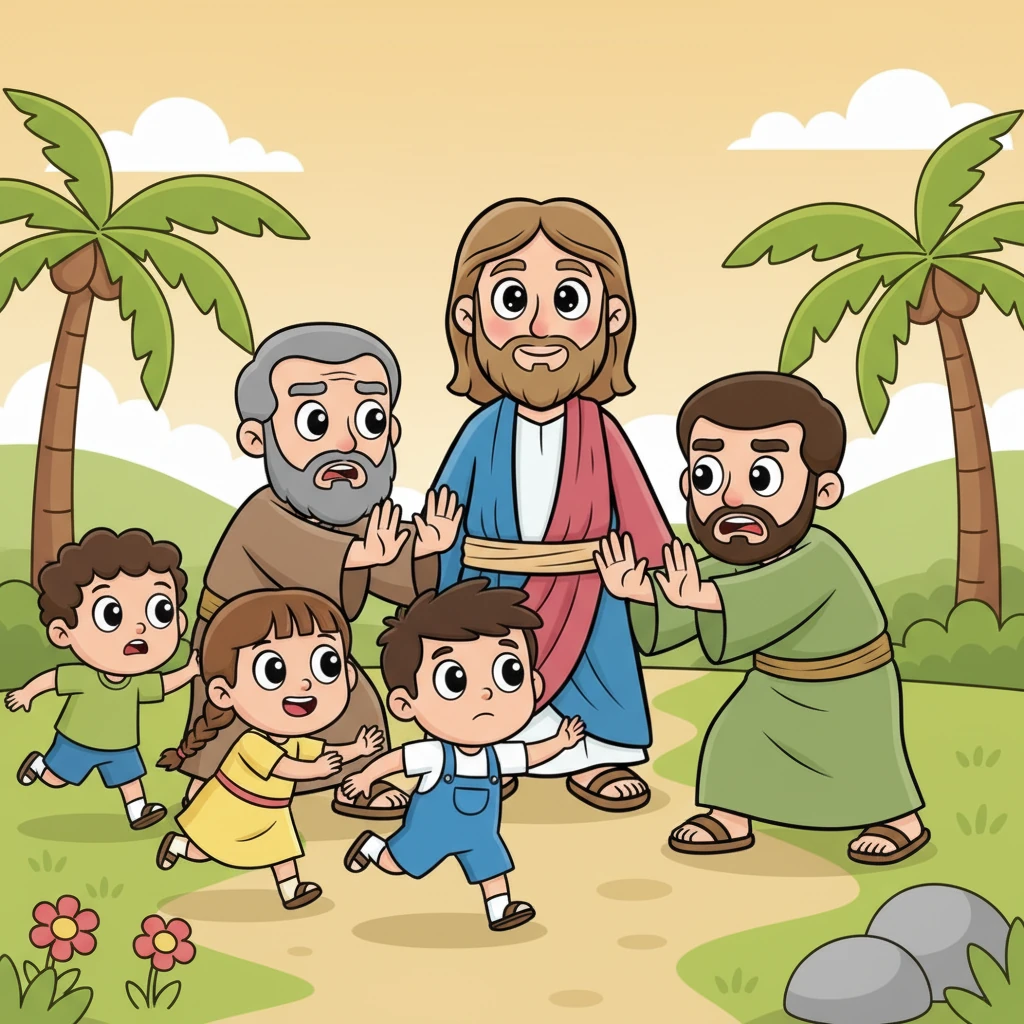 Suddenly, some disciples with worried expressions step forward, holding up their hands to stop the approaching children. Their faces are a bit stern, suggesting they think the children are too noisy or troublesome for Jesus.