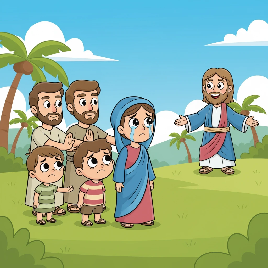 The children, with their exaggerated, disappointed frowns, look confused and a little sad as the disciples politely but firmly try to turn them away. One small child tugs on a parent's clothes, their big eyes looking back longingly at Jesus.