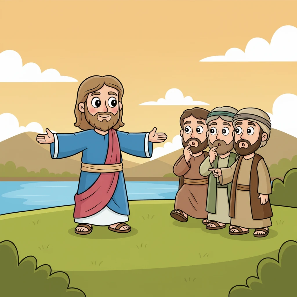 Jesus, seeing this, stands up with a gentle but firm expression. His arms begin to open wide, a clear sign of invitation. The disciples look a little surprised, their sternness softening into curiosity.