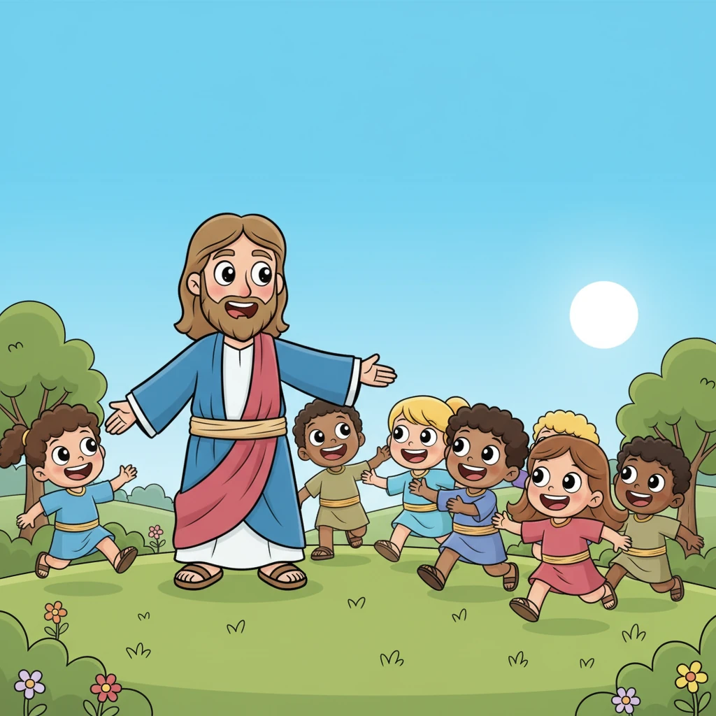 With a loving gaze, Jesus gestures towards the children, his voice kind but clear. He says, "Let the little children come to me. Don't stop them!" The children's faces instantly light up with joyful grins, their eyes wide with wonder.