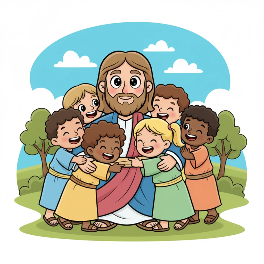 Jesus gathers the children close, his arms encircling them in a big, warm hug. Some children giggle as they lean into him, their playful energy filling the air. It's a joyful, bustling scene of pure affection.