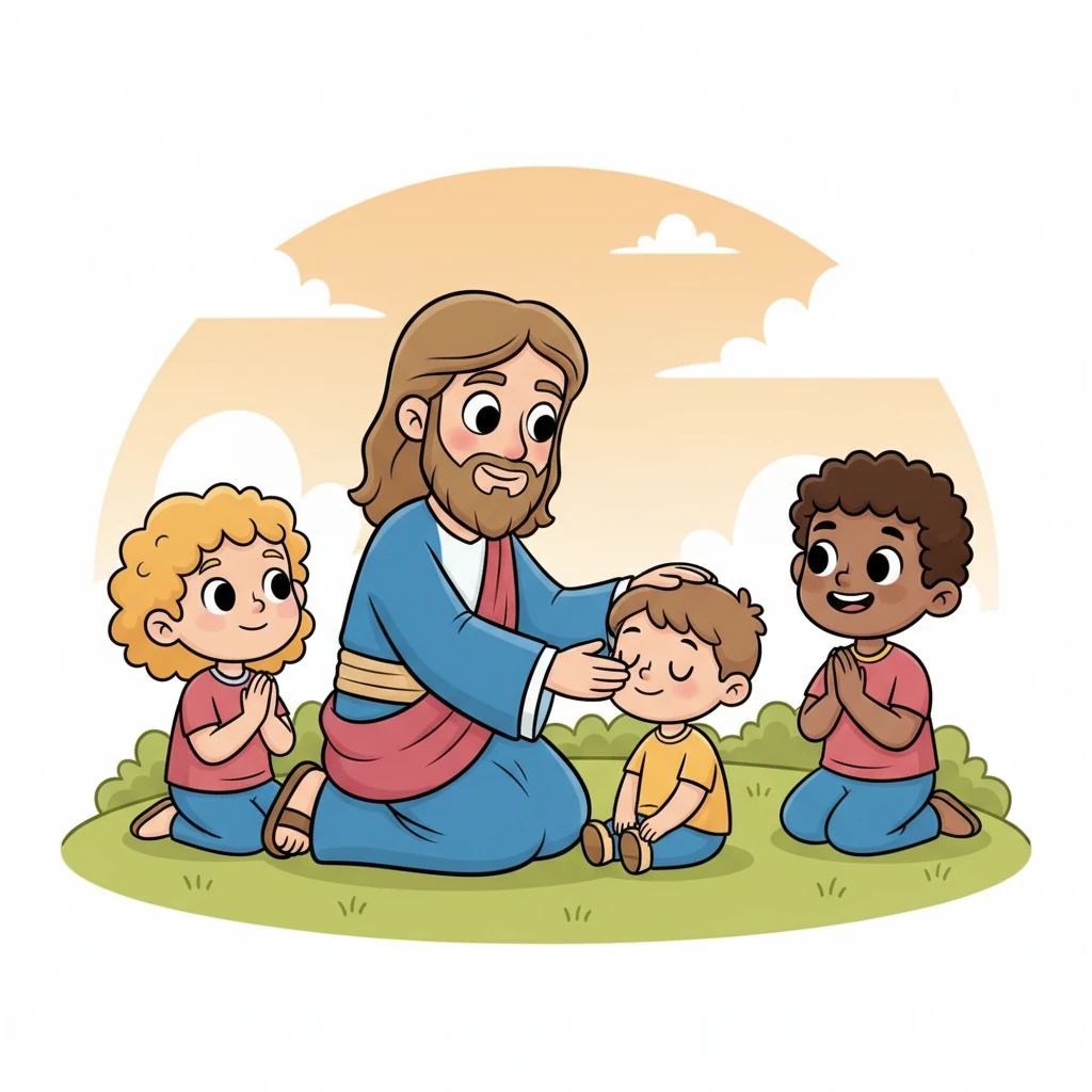 One by one, Jesus gently places his hands on the children's heads, offering a special blessing. Their eyes close peacefully, feeling the love and peace, while other children watch with quiet awe and happy smiles.