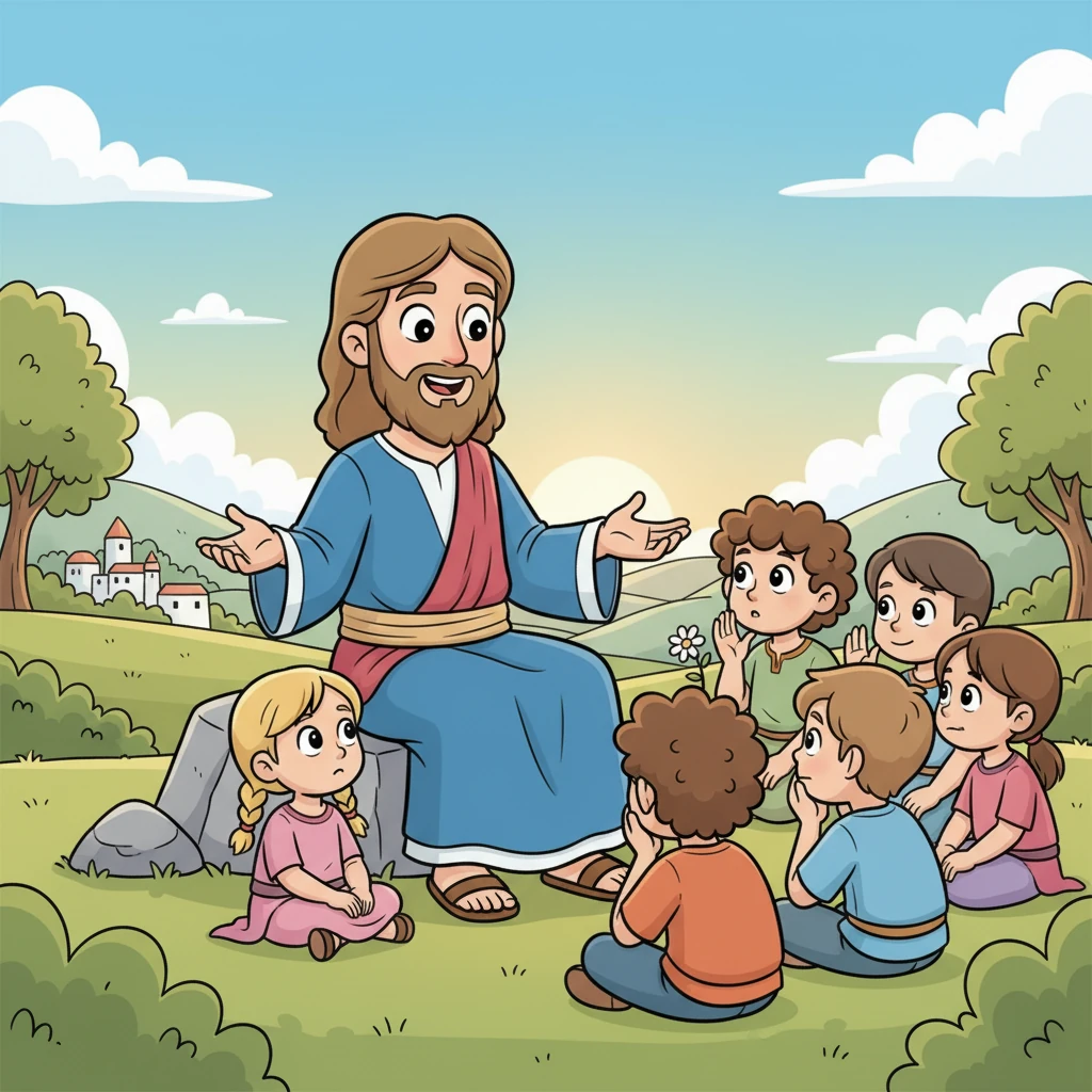 Jesus looks at the children, his expression full of wisdom and love, explaining that we should all receive God's kingdom with the simple, trusting heart of a child. The children listen intently, their small faces thoughtful and bright.
