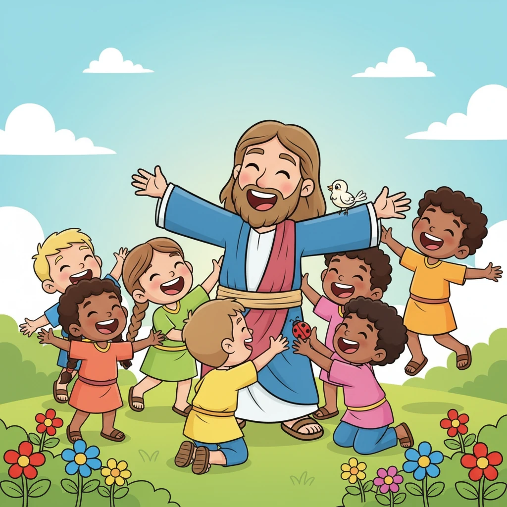 The final scene is a cheerful tableau of Jesus surrounded by a lively group of children. They are laughing, playing, and sharing simple moments of joy, showing that Jesus truly loved and cherished every single one of them. Bright flowers bloom around their feet, adding to the happy atmosphere.