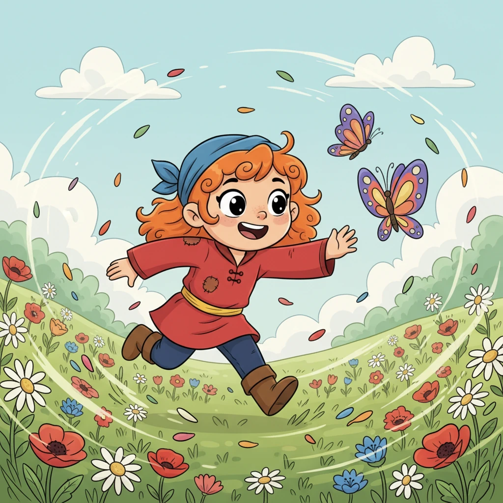 Tola, z burzą rudych włosów i iskierkami w oczach, pędzi przez kwitnącą łąkę, goniąc motyle. Jej dynamiczna poza i szeroki uśmiech pokazują, jak bardzo kocha wolność i ruch, a wokół niej wirują jaskrawe kwiaty.